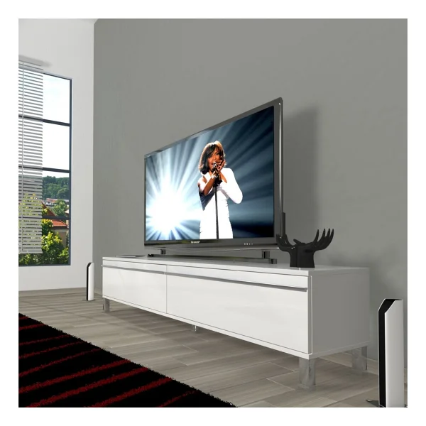 Decoraktiv Eko 140t Mdf Krom Ayaklı TV Ünitesi TV Sehpası - Parlak Beyaz - Görsel 2