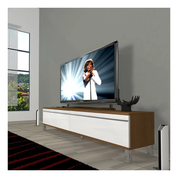 Decoraktiv Eko 140t Mdf Krom Ayaklı TV Ünitesi TV Sehpası - Parlak Beyaz - Görsel 5