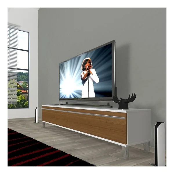 Decoraktiv Eko 140t Mdf Krom Ayaklı TV Ünitesi TV Sehpası - Parlak Beyaz - Görsel 7