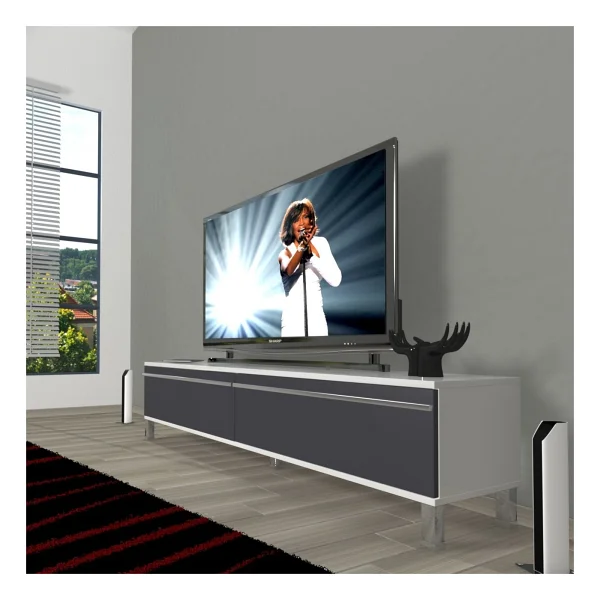 Decoraktiv Eko 140t Mdf Krom Ayaklı TV Ünitesi TV Sehpası - Parlak Beyaz - Görsel 6