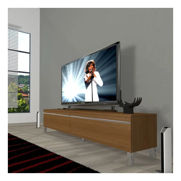 Decoraktiv Eko 140t Mdf Krom Ayaklı TV Ünitesi TV Sehpası - Parlak Beyaz - Görsel 4