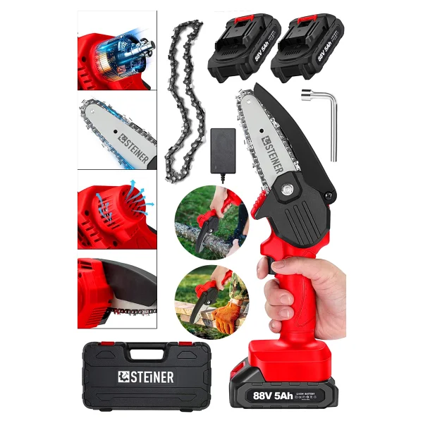 Steiner Alman 88 V 5 Ah Akülü Dal Kesme Budama Testere Bıçkı Makinesi Çift Akülü Çantalı 10 Cm Pala Zincir - Görsel 2