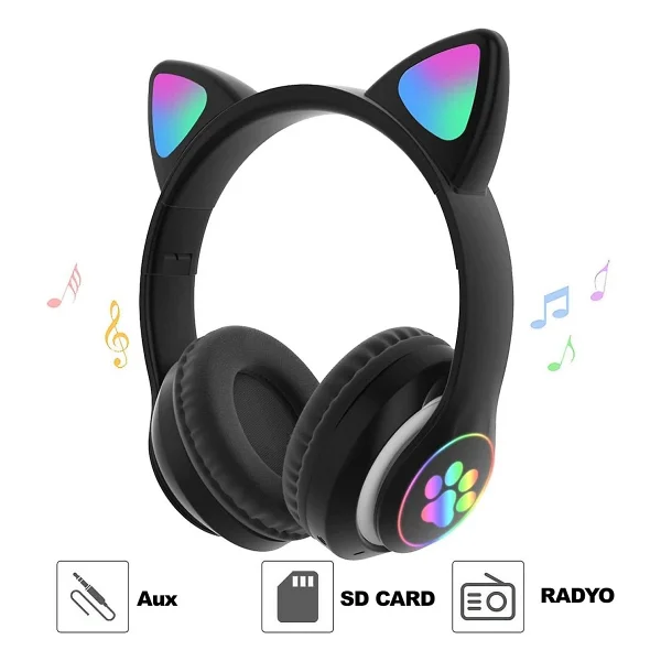 Karler Stn-28 Mikrofonlu LED Işıklı Kulak Üstü Kedi Bluetooth Kulaklık Yeşil - Görsel 2