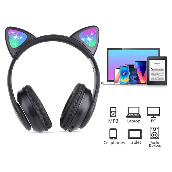Karler Stn-28 Mikrofonlu LED Işıklı Kulak Üstü Kedi Bluetooth Kulaklık Yeşil - Görsel 3