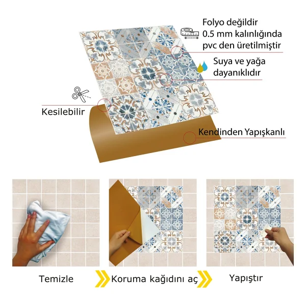 Tink Kendinden Yapışkanlı Mavi Fas 4 Desenli Pvc Karo 30x30 Cm (4 Adet) 0,36 M2 - Görsel 3