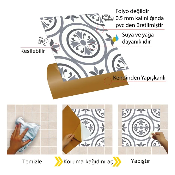 Tink Kendinden Yapışkanlı Banyo Mutfak Kaplama Geometrik 03 Desenli Pvc Karo 30x30 Cm (11 Adet) 1 M2 - Görsel 3