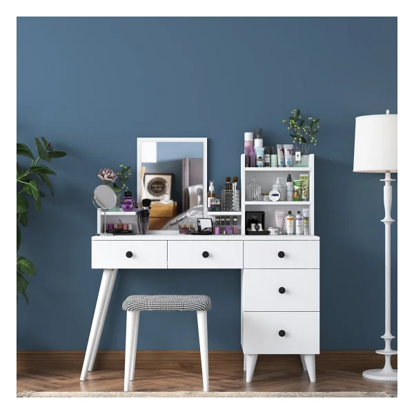 Rani Bj101 Makyaj Masası 5 Çekmeceli Raflı Aynalı Takı Düzenleyici Puf Takım Beyaz - Görsel 4