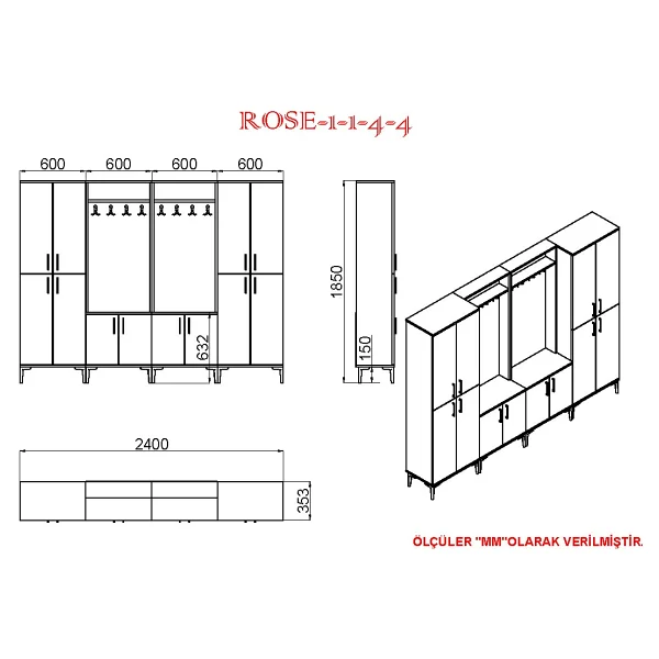 Kalender Dekor Rose-1-1-4-4 Portmanto Vestiyer Ayakkabılık Rs02 - 010 - Beyaz - Görsel 5