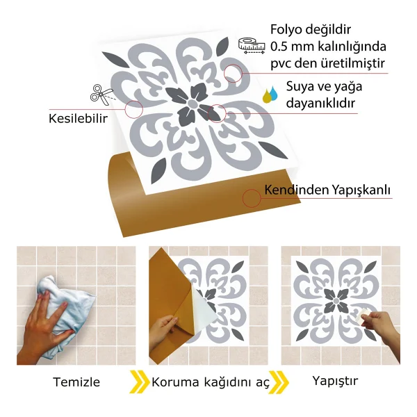 Tink Kendinden Yapışkanlı Banyo Mutfak Kaplama Geometrik 07 Desenli Pvc Karo 30x30 Cm (11 Adet) 1 M2 - Görsel 3
