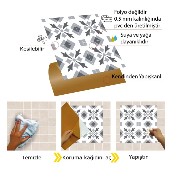 Tink Kendinden Yapışkanlı Mutfak Banyo Kaplama Geometrik 032 Desenli Pvc Karo 30x30 Cm 11 Adet 1m2 - Görsel 3