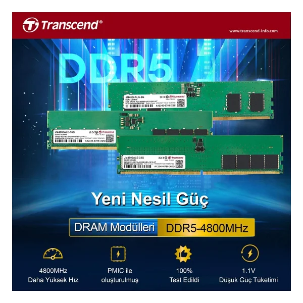 Transcend 32 GB 4800 MHz Cl40 Jm4800ale-32g DDR5 RAM - Görsel 2