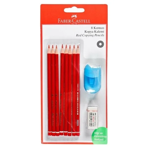 Faber-Castell 8'li Kırmızı Kopya Kalemi + Silgi + Kalemtraş Seti - Görsel 2