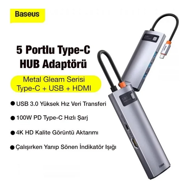 Baseus 100w 5in1 Type-C Hub, 1x 4K Hdmi, 1x Pd Type C, 3x USB 3.0 Girişli Çoğaltıcı Adaptör - Gri - Görsel 2