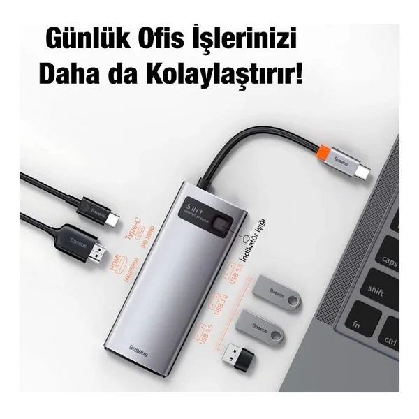 Baseus 100w 5in1 Type-C Hub, 1x 4K Hdmi, 1x Pd Type C, 3x USB 3.0 Girişli Çoğaltıcı Adaptör - Gri - Görsel 3