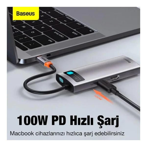 Baseus 100w 5in1 Type-C Hub, 1x 4K Hdmi, 1x Pd Type C, 3x USB 3.0 Girişli Çoğaltıcı Adaptör - Gri - Görsel 4