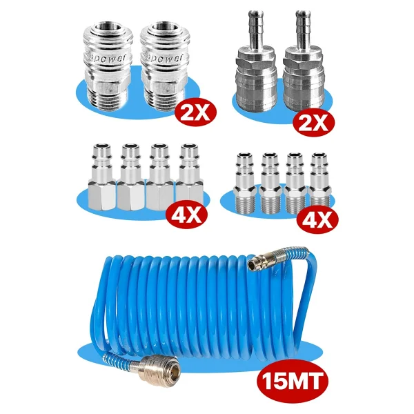 Proxtech Kompresör Bağlantı Parçaları Hava Hortumu Bağlantı Parçası Soket Bağlantıları 15 Metre Hortum Set - Görsel 2