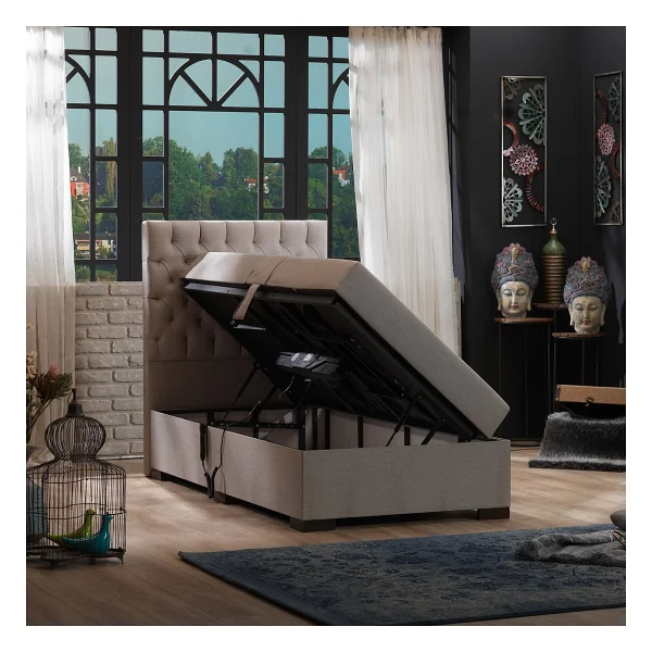 Unimet Leila Kumandalı Hareketli Sandıklı Baza+Başlık+Yatak Seti Bej - 90 X 200 Cm - Görsel 4