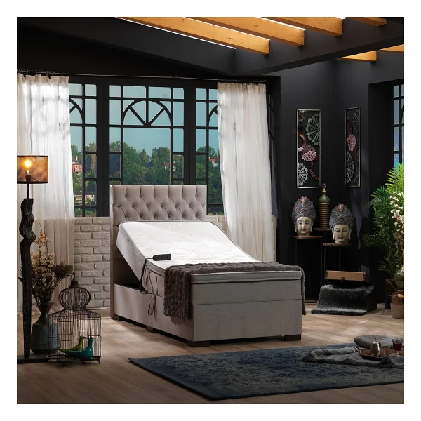 Unimet Leila Kumandalı Hareketli Sandıklı Baza+Başlık+Yatak Seti Bej - 90 X 200 Cm - Görsel 5