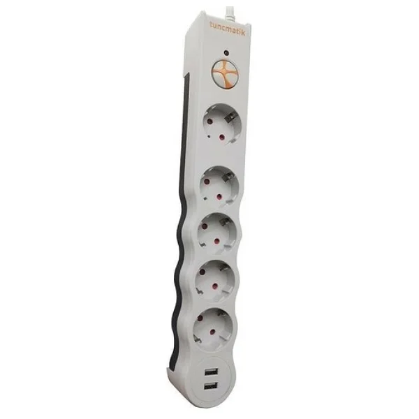 Tunçmatik Beşli Enerji Koruma Prizi +2 USB-Beyaz - Gri - Görsel 2