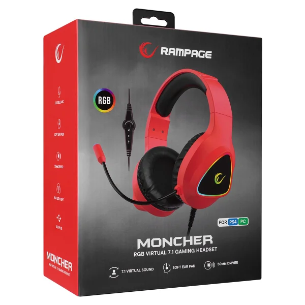Rampage Moncher M7 Kırmızı RGB 7.1 USB Kablolu Kulak Üstü Oyuncu Kulaklığı - Görsel 4