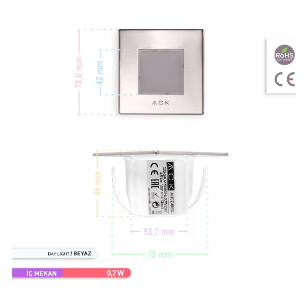 Ack 1.5w LED Merdiven-Duvar Armatürü Kare 6500k Beyaz Işık - Görsel 5