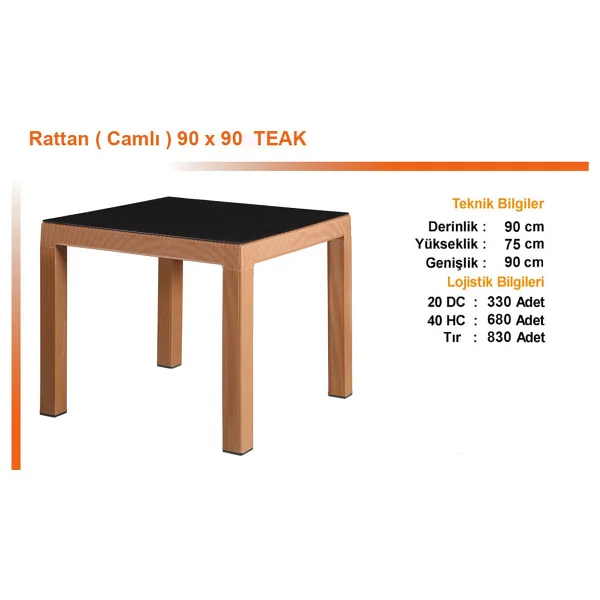 Almina Rattan Masa 90x90 Camlı Bahçe Balkon Teras Masası - Tik - Görsel 2