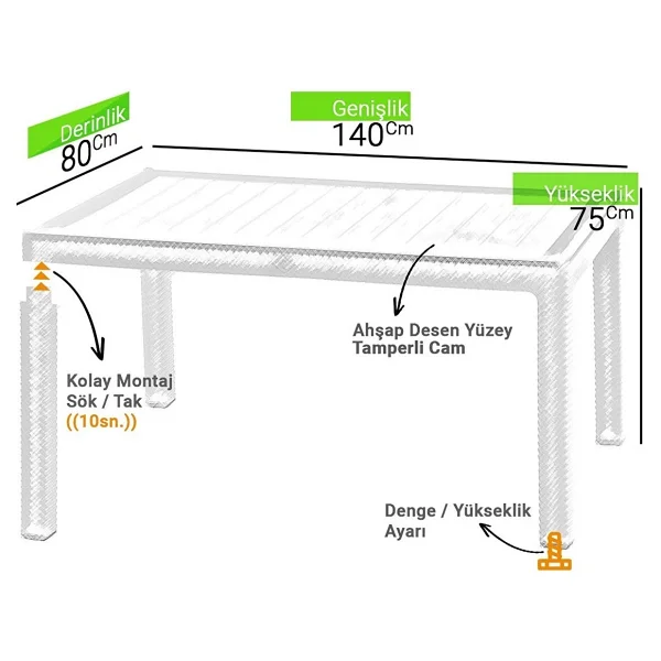 Almina Rattan Masa 80x140 Camlı Bahçe Balkon Teras Masası - Kahverengi - Görsel 4