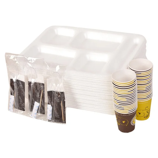 Smartpack Piknik Seti 50 Adet Üç Gözlü Köpük Tabak, 50 Adet Karton Bardak, 50 Adet 6'lı Lüx Set (Kaşık, Çatal, Selpak, Islak Mendil, Tuz, Kürdan) - Görsel 2