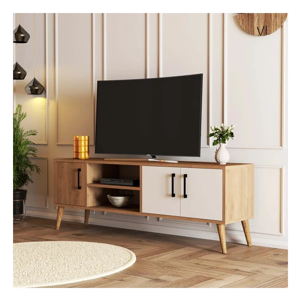 Mezza 1584 Exxen 150 Cm Ahşap Ayaklı TV Ünitesi Meşe-Beyaz - Görsel 7