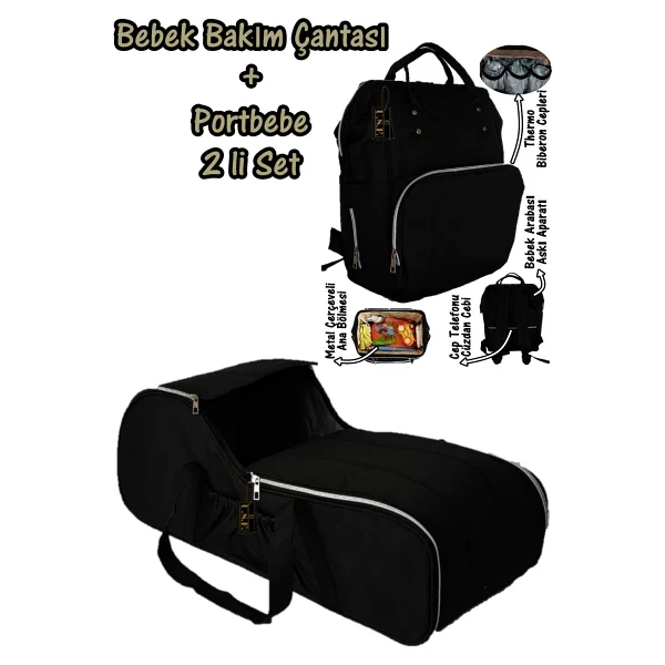 U.S.F Portbebe Ana Kucağı Puset + Hastane Çıkışı Anne Bebek Bakım Çantası 2 Li Set - Black - Görsel 4