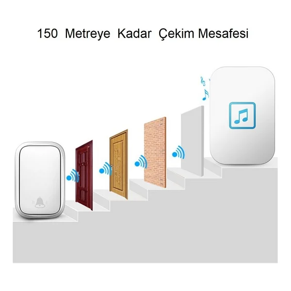 Cacazi 2 Alıcılı Su Geçirmez Beyaz Pil Gerektirmeyen Kablosuz LED Kapı Zili - Görsel 3