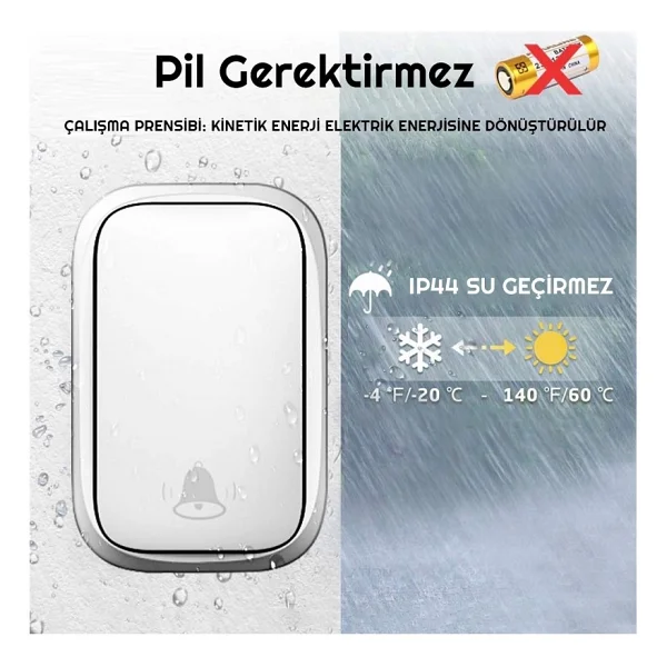 Cacazi 2 Alıcılı Su Geçirmez Beyaz Pil Gerektirmeyen Kablosuz LED Kapı Zili - Görsel 5
