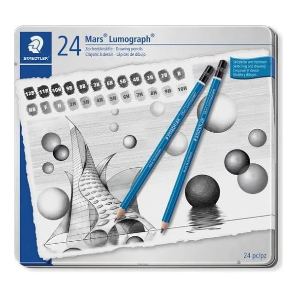 Staedtler Mars Lumograph Dereceli Kalem Karakalem Eskiz Çizim Seti 24'lü Metal Kutu (12b-10h) - Görsel 2