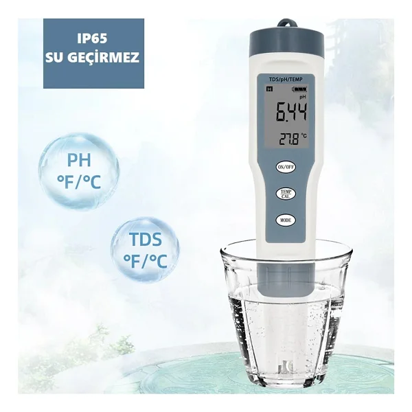 Hubstein Tds 3 In 1 Ph Sıcaklık Tds Ölçer Led'li Sıcaklık Göstergeli Su Test Cihazı 3ın1 Tds Ph Sıcaklık Ölçer - Görsel 4