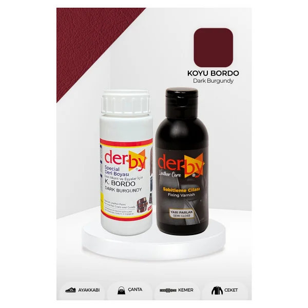 Derby Special Deri Boyası Ve Cilası - 2'li Set / Mont - Eşya - Çanta - Cüzdan - Kemer 100 Ml - Kartela Renkleri - Koyu Bordo - Görsel 3