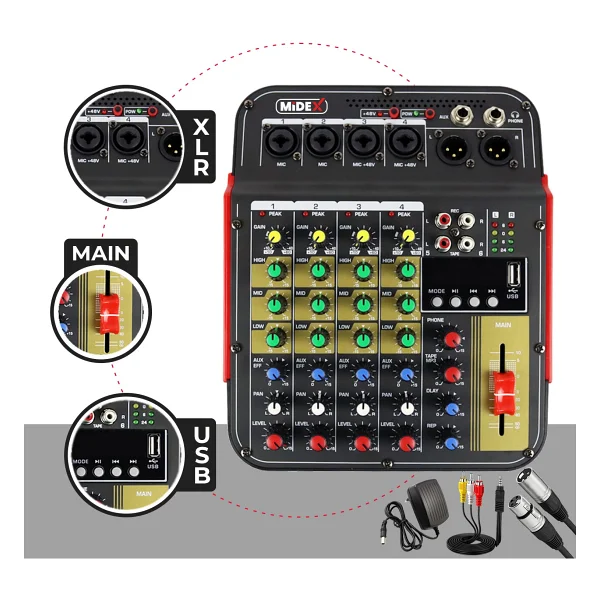 Midex Mdx-04fxu Ses Mikseri Stüdyo Kayıt İçin 5 Kanal Ses Kartlı +48v Phantomlu Kayıt Mikseri - Görsel 5