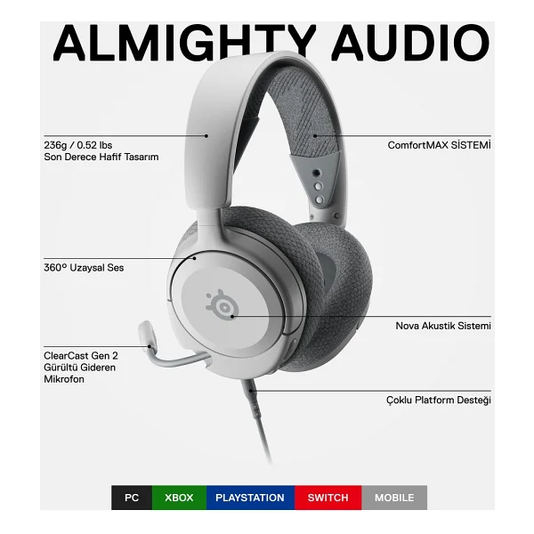 Steelseries Arctis Nova 1 Kablolu Mikrofonlu Oyuncu Kulaklığı - Beyaz - Görsel 3