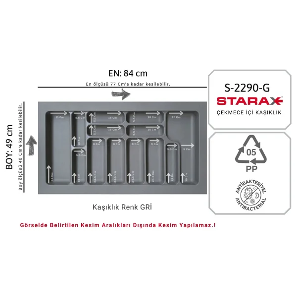 Starax S-2286-G Çekmece İçi Plastik Kaşıklık Gri En:49-42 D:49-40 Cm. Arası Kesilir 7 Göz - 49 X 49 Cm - Görsel 5