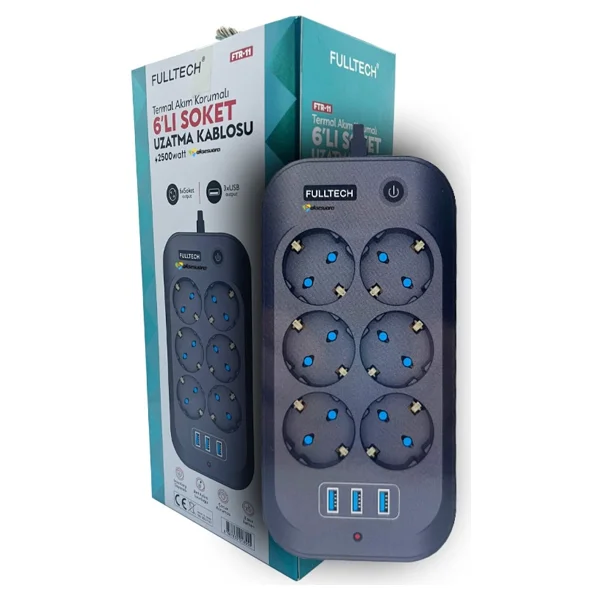 Fulltech Termal Akım Korumalı, Çocuk Korumalı, 6'lı 2 Mt Uzatma Kablosu 6 X Priz, 3 X USB - Siyah - Beyaz - Görsel 3