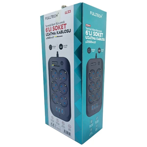 Fulltech Termal Akım Korumalı, Çocuk Korumalı, 6'lı 2 Mt Uzatma Kablosu 6 X Priz, 3 X USB - Siyah - Beyaz - Görsel 2