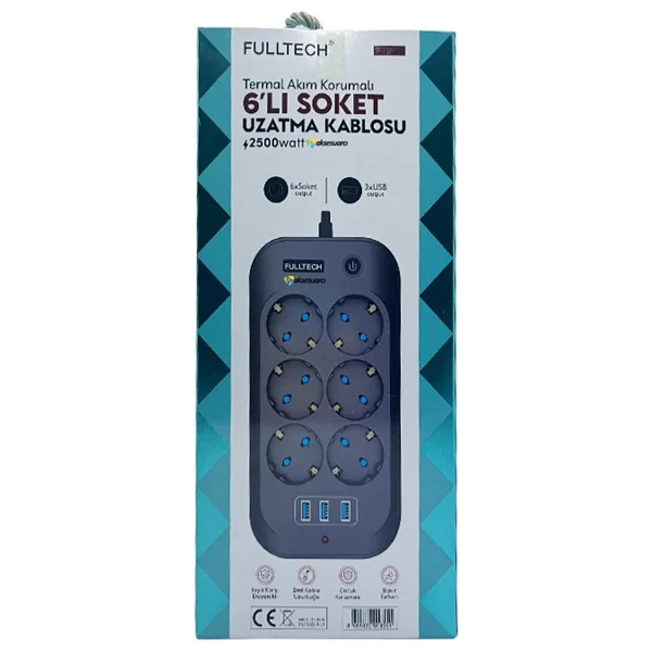 Fulltech Termal Akım Korumalı, Çocuk Korumalı, 6'lı 2 Mt Uzatma Kablosu 6 X Priz, 3 X USB - Siyah - Beyaz - Görsel 4