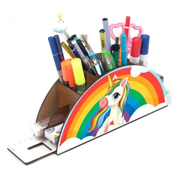 Notpa Ahşap Düşünen Unicorn Gökkuşağı Cetvelli Masaüstü Kalemlik Kutu Çocuklar Için Organizer Gk105 - Görsel 3
