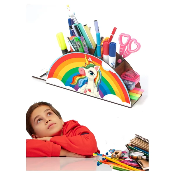 Notpa Ahşap Düşünen Unicorn Gökkuşağı Cetvelli Masaüstü Kalemlik Kutu Çocuklar Için Organizer Gk105 - Görsel 4