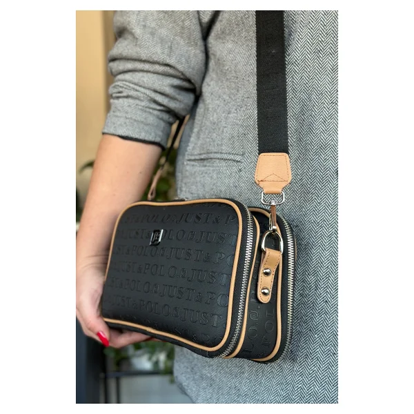 Just Polo Kadın Siyah 5 Bölmeli Ayarlanabilir Uzun Askılı Omuz Çantası Postacı Çantası 6 Bölmeli 28 X18 Cm 4023-Gd - Siyah - Taba - Görsel 3