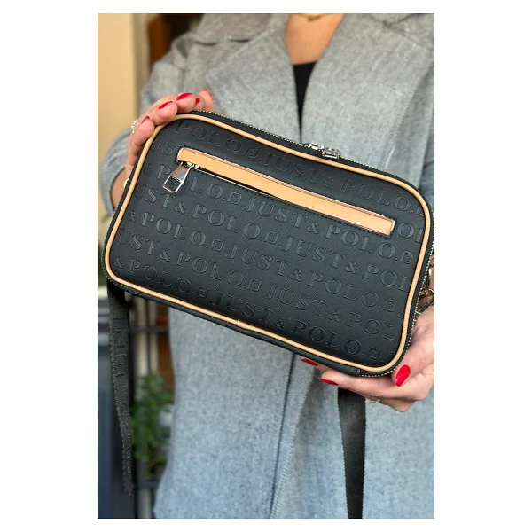 Just Polo Kadın Siyah 5 Bölmeli Ayarlanabilir Uzun Askılı Omuz Çantası Postacı Çantası 6 Bölmeli 28 X18 Cm 4023-Gd - Siyah - Taba - Görsel 4