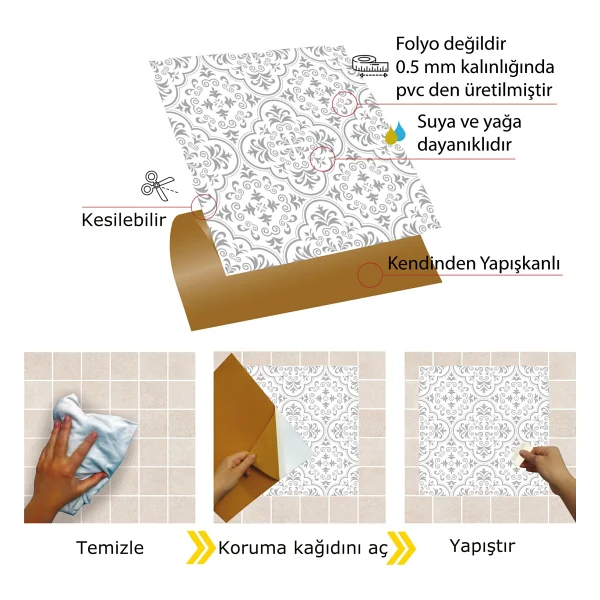 Tink Kendinden Yapışkanlı Gri Motifli Desenli Pvc Karo 30x30 Cm (4 Adet) 0,36 M2 - Görsel 3