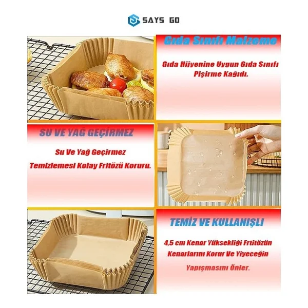 Says Go Fritöz Pişirme Kağıdı Airfryer Sıcak Hava Fritözü Philips Xiaomi Uyumlu Gıda Sınıfı Pişirme Kağıdı 50'li - Kahverengi - Görsel 4