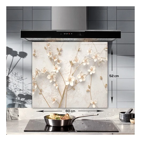 Decorita Cam Ocak Arkası Koruyucu Beyaz Çiçek - Gold - 52 X 60 Cm - Görsel 2