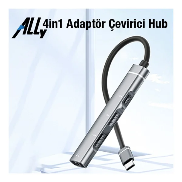 Ally 4in1 Type-C+3.5mm+USB Girişli Çoğaltıcı Adaptör Çevirici Hub - Gri - Görsel 4