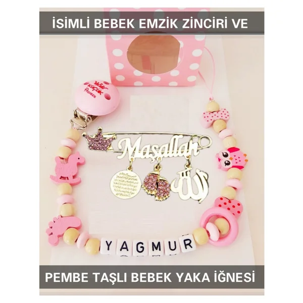 Sahi Aksesuar İsimli Bebek Emzik Zinciri Ve Pembe Taşlı Bebek Yaka İğnesi - Görsel 2
